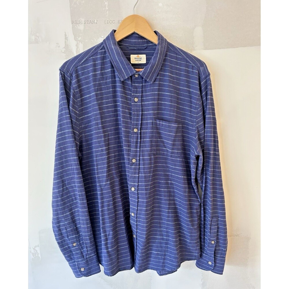 Marine Layer Men’s M/L Button Up Shirt Navy Blue Stripe 100% Cotton Long Sleeve